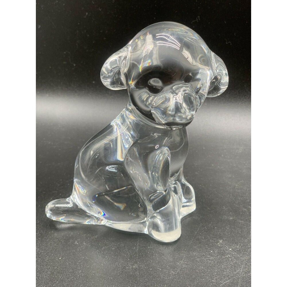 Daum France Signed Crystal Clear Art Glass Dog Paperweight